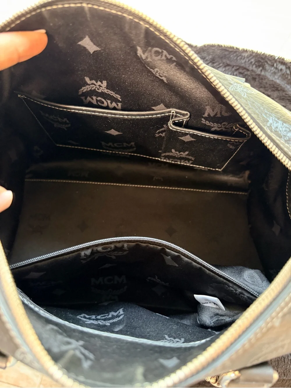 MCM Large Black Monogram Boston Bag with Brown Scarf-Handled Accents